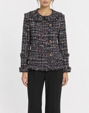 CHANEL 10C Runway Tweed Jacket Crystal Embroidered Fringe IT 42 Karl Lagerfeld